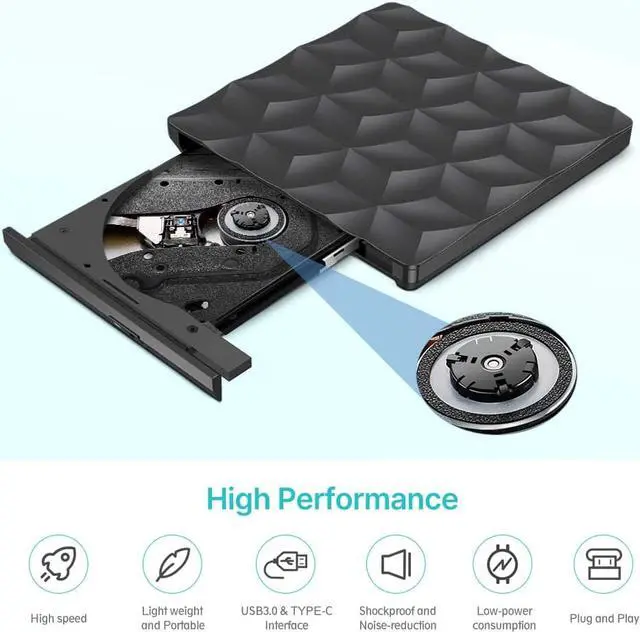 Alt view image 4 of 7 - External CD DVD Drive, USB 3.0 & USB-C portable DVD / CD reader and CD DVD - / + RW burner / low noise for laptop, desktop, Win / 8/7/10 / XP / Vistal, Mac OS, and Linux, Plug & Play (Black)