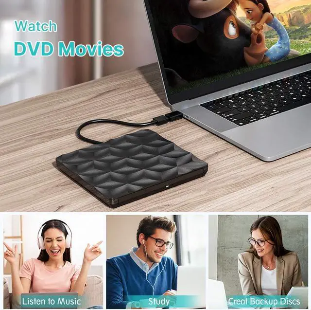 Alt view image 7 of 7 - External CD DVD Drive, USB 3.0 & USB-C portable DVD / CD reader and CD DVD - / + RW burner / low noise for laptop, desktop, Win / 8/7/10 / XP / Vistal, Mac OS, and Linux, Plug & Play (Black)