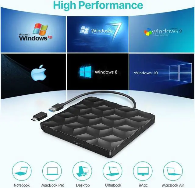 Alt view image 6 of 7 - External CD DVD Drive, USB 3.0 & USB-C portable DVD / CD reader and CD DVD - / + RW burner / low noise for laptop, desktop, Win / 8/7/10 / XP / Vistal, Mac OS, and Linux, Plug & Play (Black)