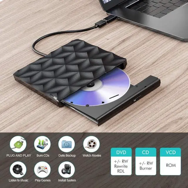 Alt view image 5 of 7 - External CD DVD Drive, USB 3.0 & USB-C portable DVD / CD reader and CD DVD - / + RW burner / low noise for laptop, desktop, Win / 8/7/10 / XP / Vistal, Mac OS, and Linux, Plug & Play (Black)
