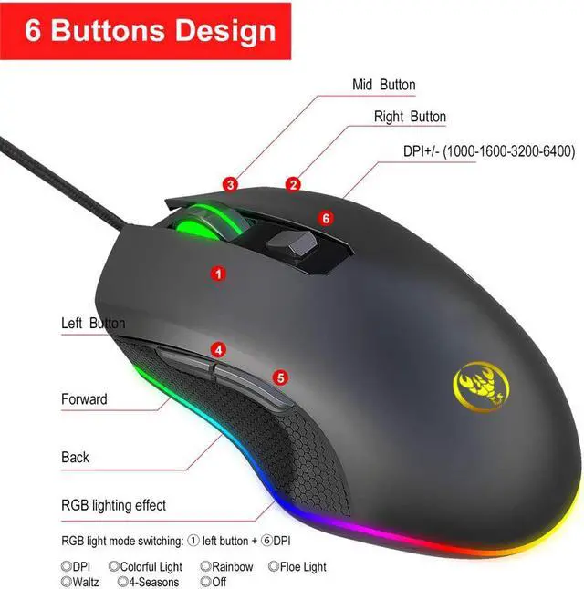 Alt view image 5 of 7 - Gaming Mouse Wired, 1000/1600/3200/6400 DPI Adjustable RGB Marquee Effect Light Ergonomical Optical Game Mice with 6 Buttons for Laptop Notebook PC Mac, Computer Esport Mouse (Black)