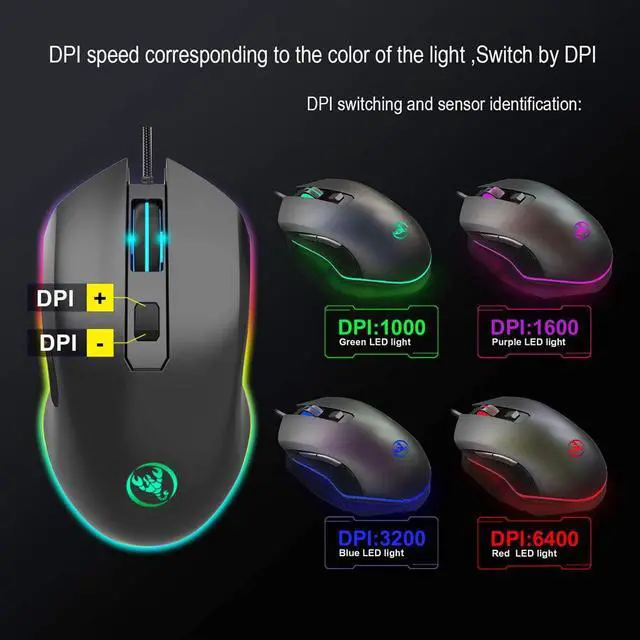 Alt view image 3 of 7 - Gaming Mouse Wired, 1000/1600/3200/6400 DPI Adjustable RGB Marquee Effect Light Ergonomical Optical Game Mice with 6 Buttons for Laptop Notebook PC Mac, Computer Esport Mouse (Black)