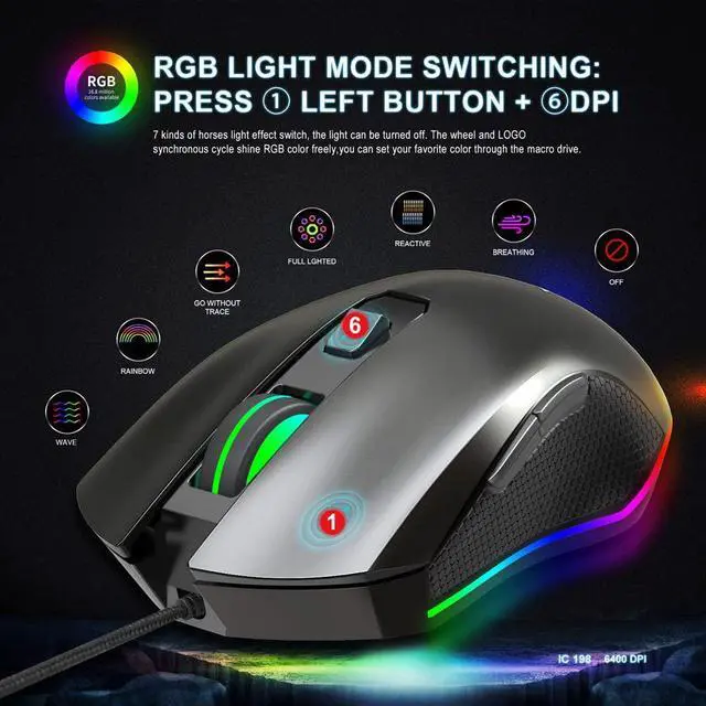 Alt view image 2 of 7 - Gaming Mouse Wired, 1000/1600/3200/6400 DPI Adjustable RGB Marquee Effect Light Ergonomical Optical Game Mice with 6 Buttons for Laptop Notebook PC Mac, Computer Esport Mouse (Black)