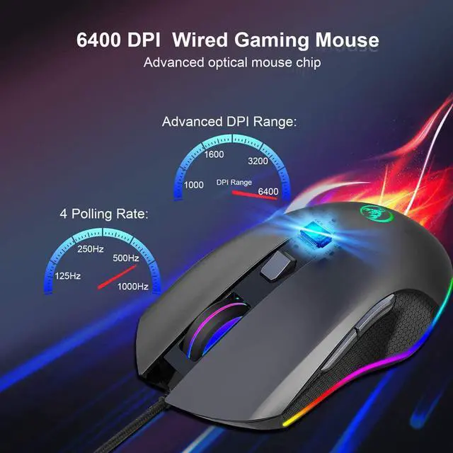 Alt view image 4 of 7 - Gaming Mouse Wired, 1000/1600/3200/6400 DPI Adjustable RGB Marquee Effect Light Ergonomical Optical Game Mice with 6 Buttons for Laptop Notebook PC Mac, Computer Esport Mouse (Black)