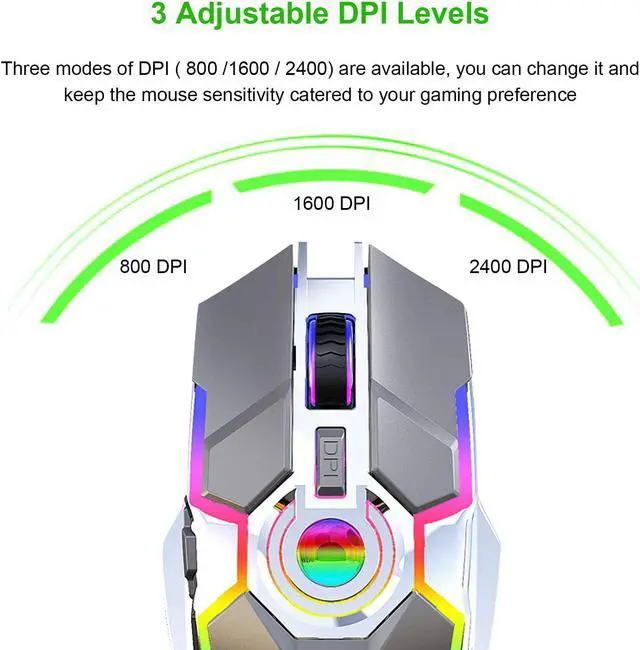 Alt view image 3 of 7 - Wireless Mouse Gaming, Rechargeable Computer Gaming Mouse with LED RGB Backlit Lights and 3 Adjustable DPI Up to 2400dpi, Power Saving Mode Wireless Mouse for Computer/Laptop/Mac/PC (Grey)