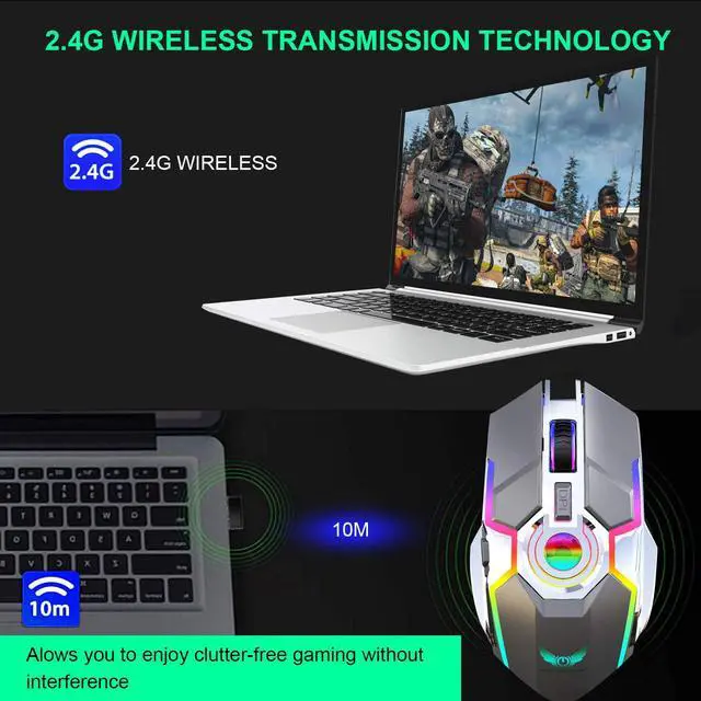 Alt view image 4 of 7 - Wireless Mouse Gaming, Rechargeable Computer Gaming Mouse with LED RGB Backlit Lights and 3 Adjustable DPI Up to 2400dpi, Power Saving Mode Wireless Mouse for Computer/Laptop/Mac/PC (Grey)
