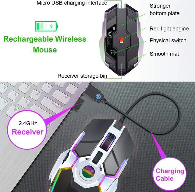 Alt view image 6 of 7 - Wireless Mouse Gaming, Rechargeable Computer Gaming Mouse with LED RGB Backlit Lights and 3 Adjustable DPI Up to 2400dpi, Power Saving Mode Wireless Mouse for Computer/Laptop/Mac/PC (Grey)