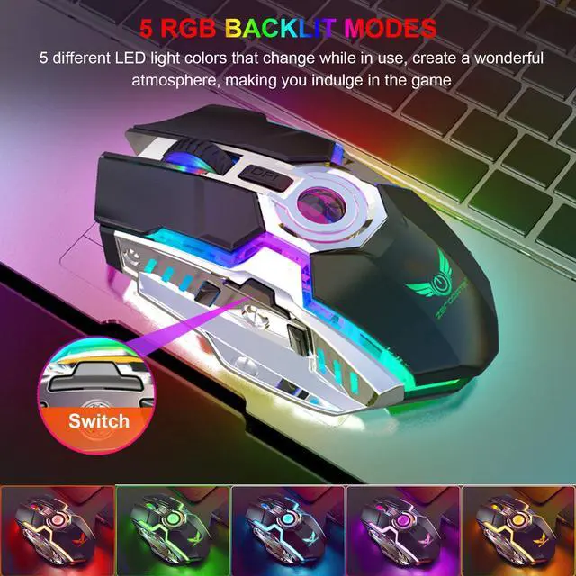 Alt view image 2 of 7 - Wireless Mouse Gaming, Rechargeable Computer Gaming Mouse with LED RGB Backlit Lights and 3 Adjustable DPI Up to 2400dpi, Power Saving Mode Wireless Mouse for Computer/Laptop/Mac/PC (Grey)