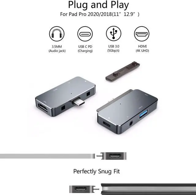 Alt view image 5 of 7 - USB C Hub Type C Adapter for 2020 2018 iPad Pro 12.9" 11", 10.9" iPad Air 4, 4-in-1 Adapter with Aux 3.5mm Headphone Data Jack with Audio Volume Control, 4K HDMI, USB 3.0, USB C PD Charging Dongle