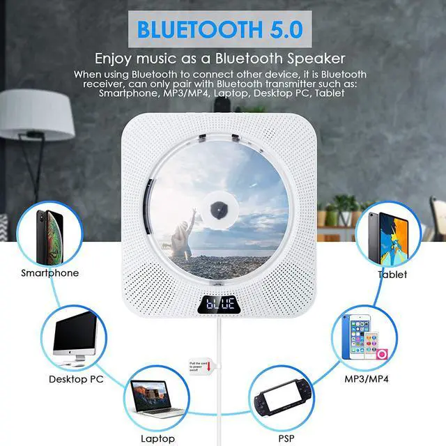 Alt view image 3 of 7 - Portable CD Player with Bluetooth, FM Radio,Wall Mountable CD Music Player Home Audio Boombox with Remote Control, Built-in HiFi Speakers, 3.5mm Headphone Jack AUX, Support CD/USB/TF