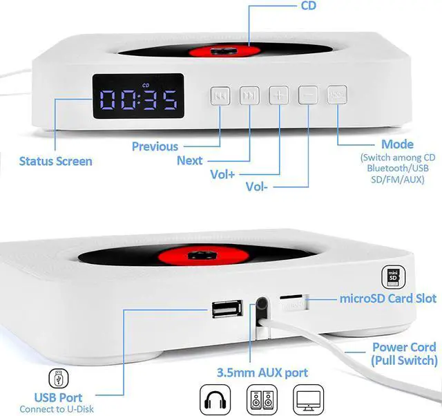 Alt view image 6 of 7 - Portable CD Player, Bluetooth Speakers & FM Radio with LCD Screen, Wall Mountable CD Music Player with IR Remote Control, Supports CD/Bluetooth/FM/U Disk/SD Card/AUX