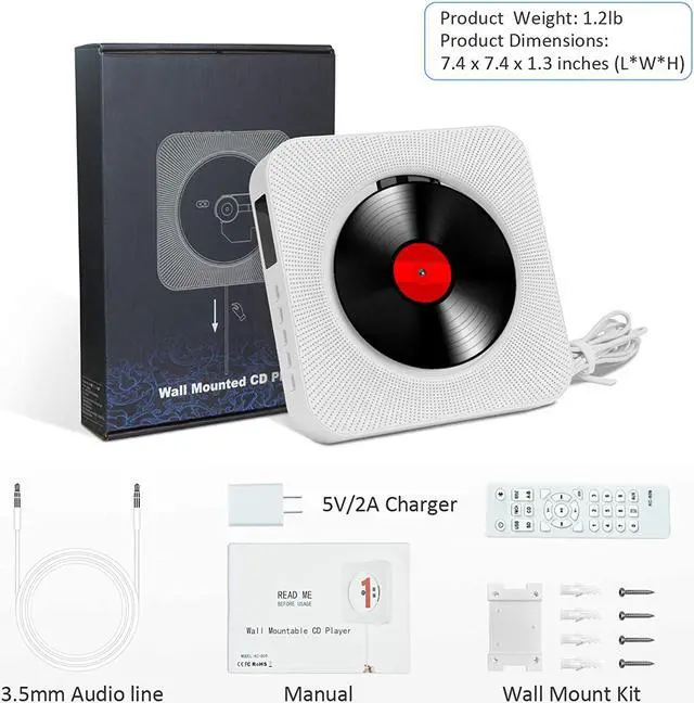 Alt view image 7 of 7 - Portable CD Player, Bluetooth Speakers & FM Radio with LCD Screen, Wall Mountable CD Music Player with IR Remote Control, Supports CD/Bluetooth/FM/U Disk/SD Card/AUX