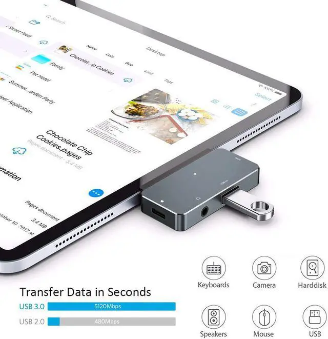 Alt view image 3 of 7 - USB C Hub Type C Adapter for 2020 2018 iPad Pro 12.9" 11", 10.9" iPad Air 4, 4-in-1 Adapter with Aux 3.5mm Headphone Data Jack with Audio Volume Control, 4K HDMI, USB 3.0, USB C PD Charging Dongle