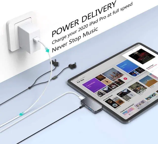Alt view image 4 of 7 - USB C Hub Type C Adapter for 2020 2018 iPad Pro 12.9" 11", 10.9" iPad Air 4, 4-in-1 Adapter with Aux 3.5mm Headphone Data Jack with Audio Volume Control, 4K HDMI, USB 3.0, USB C PD Charging Dongle