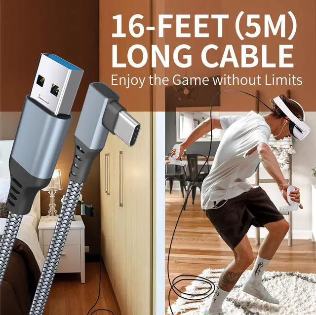 Alt view image 2 of 7 - for Oculus Quest Link Cable, USB 3.0 USB A to USB C Cable 16FT / 5M, 90 Degree Angled High Speed Data Transfer & Fast Charging Cable Compatible for Oculus Quest and Oculus Quest 2 to Gaming PC (Gray)