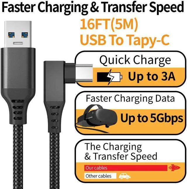 Alt view image 5 of 7 - for Oculus Quest 2 Link Cable, USB 3.0 USB A to USB C Cable 16FT / 5M, 90 Degree Angled High Speed Data Transfer & Fast Charging Cable Compatible for Oculus Quest and Oculus Quest 2 to Gaming PC