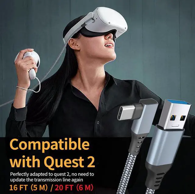 Alt view image 4 of 7 - for Oculus Quest Link Cable, USB 3.0 USB A to USB C Cable 16FT / 5M, 90 Degree Angled High Speed Data Transfer & Fast Charging Cable Compatible for Oculus Quest and Oculus Quest 2 to Gaming PC (Gray)