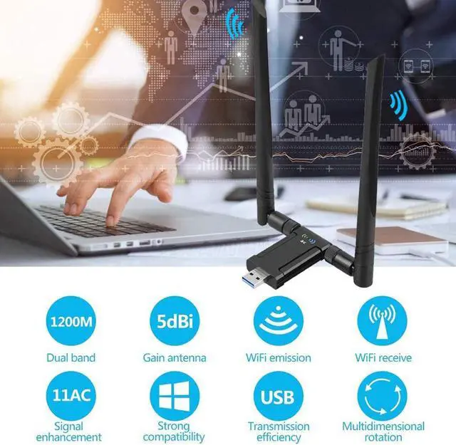 Alt view image 3 of 7 - 1200Mbps WiFi Adapter,Dual Band USB WiFi Adapter (5.8G/867Mbps+2.4G/300Mbps) with USB 3.0 Cradle, Extension Cable Dual and High Gain 5dBi Antennas for PC & Laptop Support Windows 10/8/7/XP Mac OS
