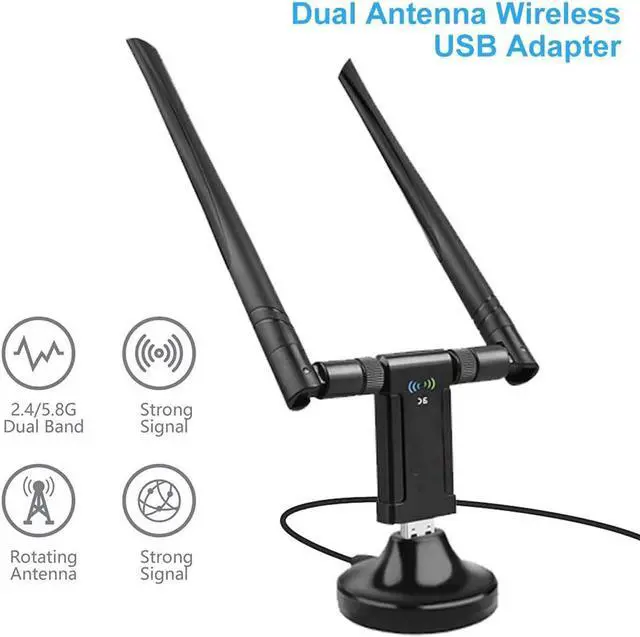 Alt view image 7 of 7 - 1200Mbps WiFi Adapter,Dual Band USB WiFi Adapter (5.8G/867Mbps+2.4G/300Mbps) with USB 3.0 Cradle, Extension Cable Dual and High Gain 5dBi Antennas for PC & Laptop Support Windows 10/8/7/XP Mac OS