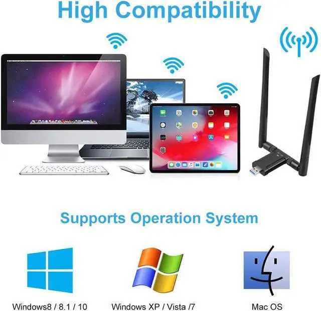 Alt view image 6 of 7 - 1200Mbps WiFi Adapter,Dual Band USB WiFi Adapter (5.8G/867Mbps+2.4G/300Mbps) with USB 3.0 Cradle, Extension Cable Dual and High Gain 5dBi Antennas for PC & Laptop Support Windows 10/8/7/XP Mac OS