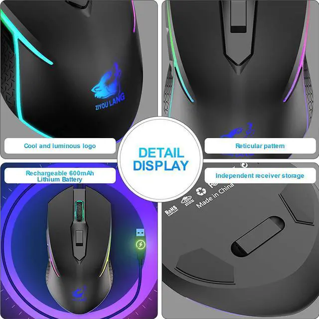 Alt view image 7 of 7 - Wireless Gaming Mouse with 2.4Ghz USB Receiver Rainbow RGB Backlight Adjustable DPI Silent Click Rechargeable Ergonomic 6 Buttons Gaming Mouse for Computer Laptop PC Mac Gamer Office Use