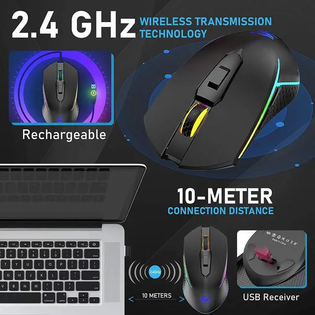Alt view image 2 of 7 - Wireless Gaming Mouse with 2.4Ghz USB Receiver Rainbow RGB Backlight Adjustable DPI Silent Click Rechargeable Ergonomic 6 Buttons Gaming Mouse for Computer Laptop PC Mac Gamer Office Use
