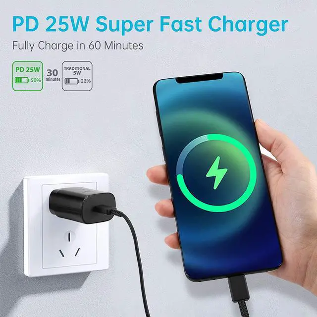 Alt view image 4 of 7 - USB C Wall Charger, PD 25W Super Fast Charger Block with 5ft Type C Cable Compatible Samsung Galaxy S21/S21+/S21 Ultra/ S20/ Note 10 20 Plus/ S9/S8/ S10e /S10 5G Ultra, Google Pixel, iPad Pro 12.9/11
