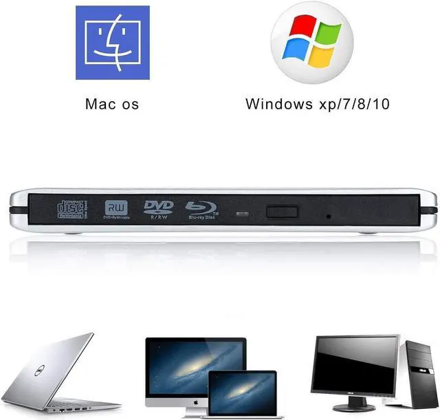 Alt view image 3 of 7 - External Blu Ray DVD Drive , USB 3.0 Burner Slim Optical Portable Blu-ray CD DVD Reader Writer RW Player for Laptop Desktop MacBook OS Windows 7 8 10 PC iMac Laptop (Silver)