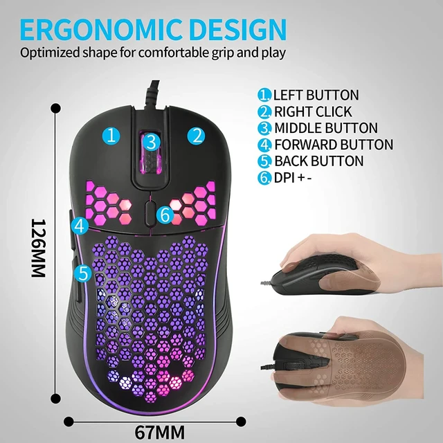 Alt view image 5 of 7 - Honeycomb Wired Gaming Mouse, RGB Backlight and 7200 Adjustable DPI, Ergonomic and Lightweight USB Computer Mouse with High Precision Sensor for Windows PC & Laptop Gamers