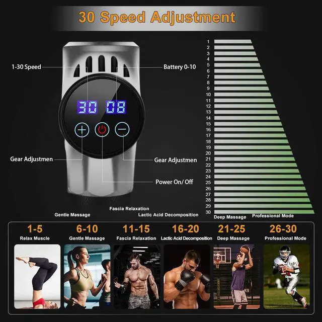 Alt view image 2 of 8 - Massage Gun, Deep Tissue Hand Held Muscle Massage Gun, Up to 30 Speeds Cordless Handheld Electric Percussion Massager with 6 Heads for Muscle, Back, Foot, Neck, Leg, Shoulder Massage