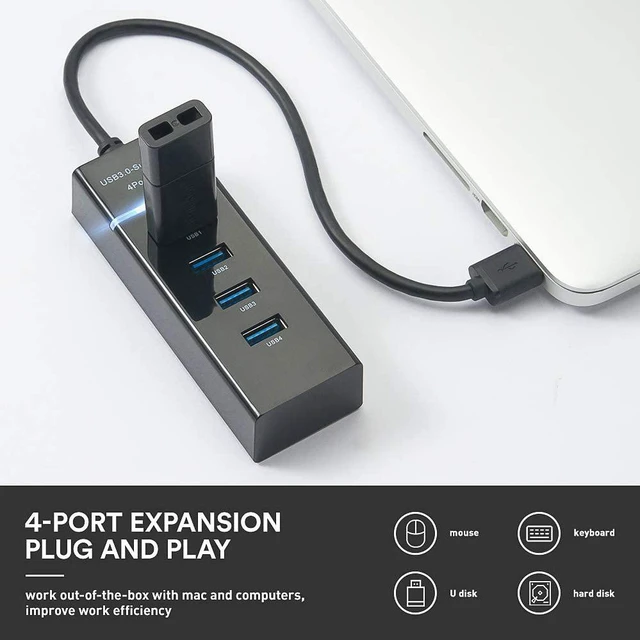 Alt view image 2 of 7 - 4 Port USB 3.0 Hub Adapter - Ultra Slim Data USB Hub with 9.8'' Extended Cable and LED Indicator USB Hub Compatible for MacBook/Mac mini/iPad/PC/PS4/PS5, Flash Drive, Mobile HDD (Black)
