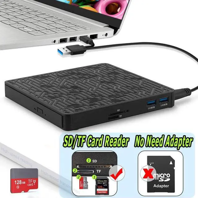Alt view image 4 of 14 - External CD DVD Drive, 2-Port Hub USB 3.0 with Type-C SD/TF Card Reader CD/DVD +/-Rw Drive ROM Rewriter DVD Burner for Laptop Desktop MacBook Mac OS Windows 10 8 7 XP Vista (Black)