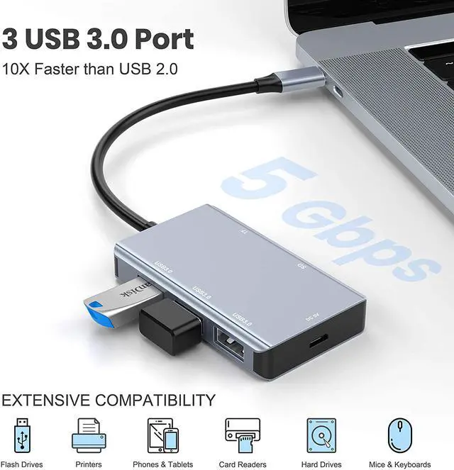 Alt view image 3 of 7 - 5-in-1 USB C Hub with SD Card Reader, USB C to SD Card Reader Adapter with 3 USB 3.0 Port & 5V Power Supply, 2TB Capacity Memory Card for MacBook Camera Android Windows Linux and Other Type C Device