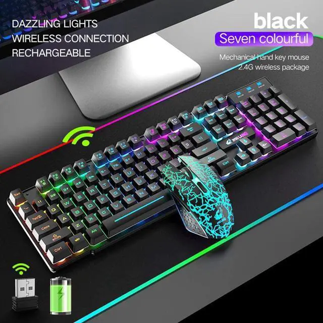 Alt view image 7 of 7 - Wireless Gaming Keyboard and Mouse,Rechargeable Rainbow Backlit Keyboard Mouse with 3800mAh Battery,Mechanical Feel Gaming Keyboard,7 Color Gaming Mute Mouse,Gaming Mouse Pad for PC Gamers