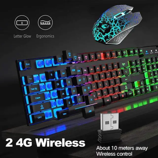 Alt view image 4 of 7 - Wireless Gaming Keyboard and Mouse,Rechargeable Rainbow Backlit Keyboard Mouse with 3800mAh Battery,Mechanical Feel Gaming Keyboard,7 Color Gaming Mute Mouse,Gaming Mouse Pad for PC Gamers