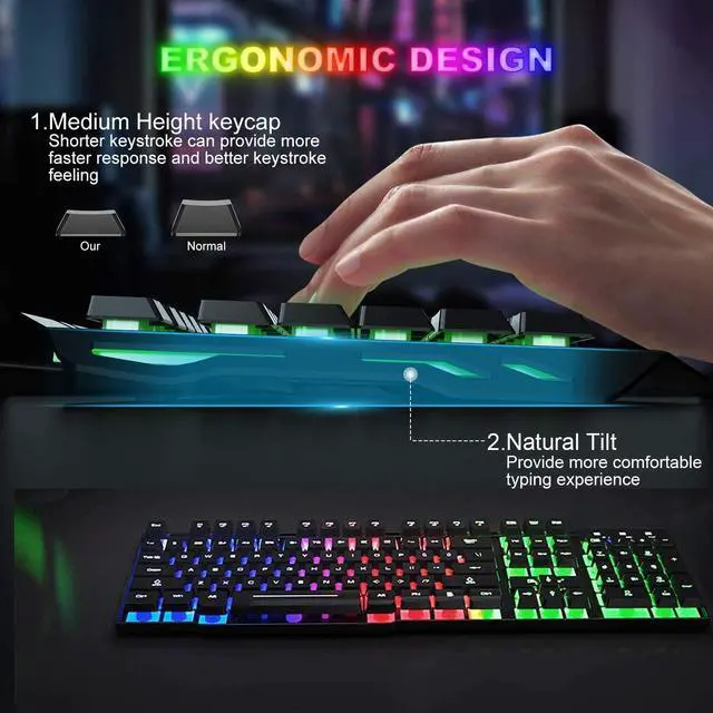 Alt view image 5 of 7 - Wireless Gaming Keyboard and Mouse,Rechargeable Rainbow Backlit Keyboard Mouse with 3800mAh Battery,Mechanical Feel Gaming Keyboard,7 Color Gaming Mute Mouse,Gaming Mouse Pad for PC Gamers