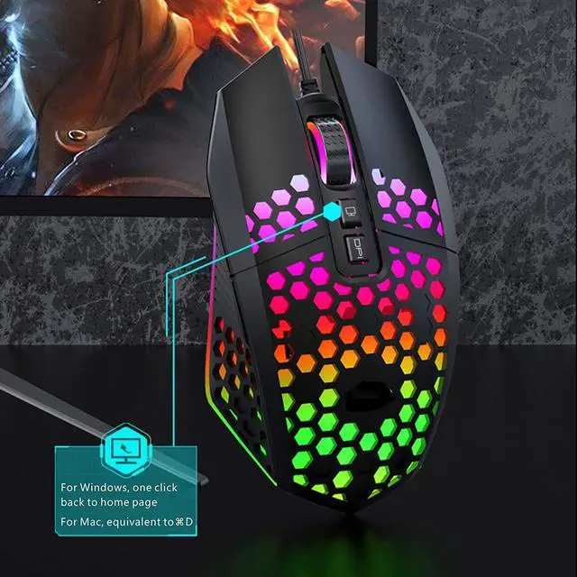 Alt view image 5 of 7 - Wired Gaming Mouse, Honeycomb Lightweight Design Gaming Mouse with RGB Backlit, 7 Programmable Buttons and One-Click Desktop, 1600 DPI Optical USB Gamer Mouse for Mac, Laptop, Computer