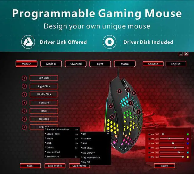 Alt view image 3 of 7 - Wired Gaming Mouse, Honeycomb Lightweight Design Gaming Mouse with RGB Backlit, 7 Programmable Buttons and One-Click Desktop, 1600 DPI Optical USB Gamer Mouse for Mac, Laptop, Computer