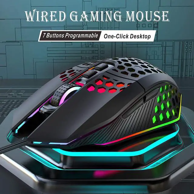Alt view image 2 of 7 - Wired Gaming Mouse, Honeycomb Lightweight Design Gaming Mouse with RGB Backlit, 7 Programmable Buttons and One-Click Desktop, 1600 DPI Optical USB Gamer Mouse for Mac, Laptop, Computer
