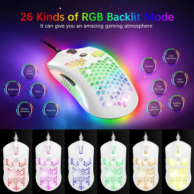 Alt view image 2 of 7 - Wired Lightweight Gaming Mouse,26 RGB Backlit Mice with 7 Buttons Programmable Driver,PAW3325 12000DPI Mice,Ultralight Honeycomb Shell Ultraweave Cable Mouse for PC Gamers and Xbox and PS4 Users