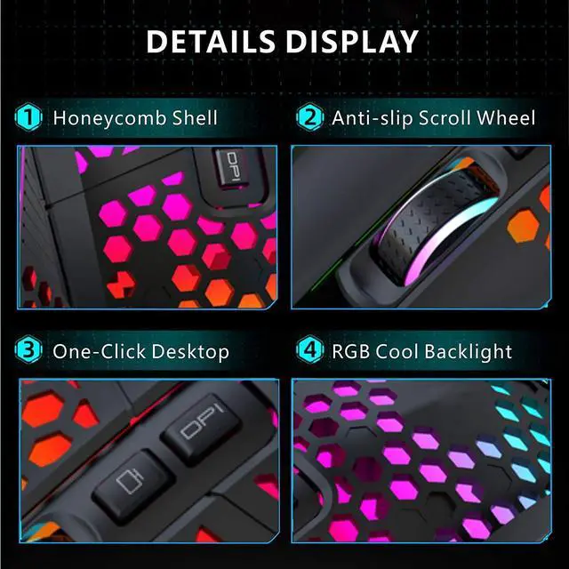 Alt view image 6 of 7 - Wired Gaming Mouse, Honeycomb Lightweight Design Gaming Mouse with RGB Backlit, 7 Programmable Buttons and One-Click Desktop, 1600 DPI Optical USB Gamer Mouse for Mac, Laptop, Computer