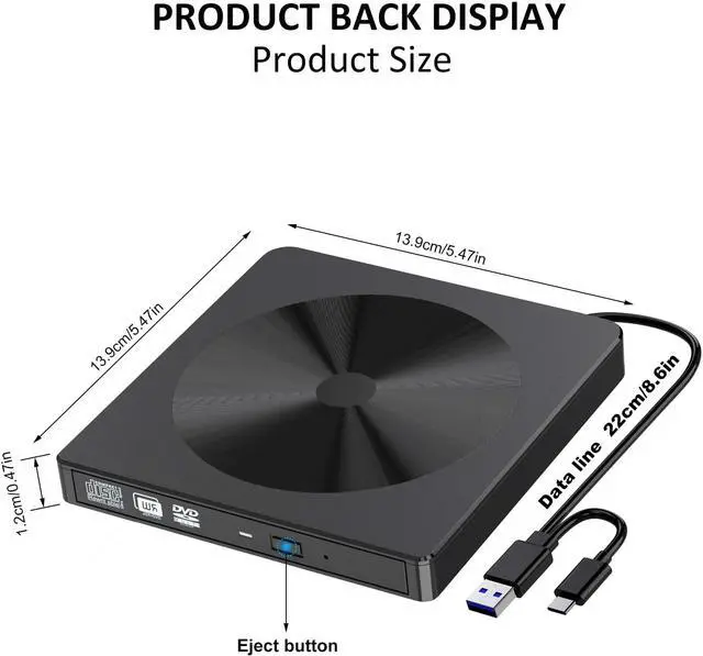 Alt view image 5 of 7 - External CD DVD Drive, USB 3.0 USB C Type-C Portable CD/DVD+/-RW Drive/DVD Disc Player for Laptop Slim CD ROM Burner Compatible with Mac Laptop Desktop PC Windows XP/2003/Vista/7/8/10 Linux OS (BLACK)