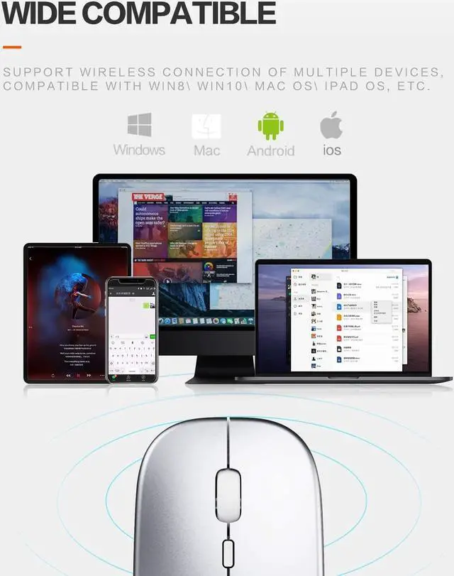 Alt view image 5 of 7 - Bluetooth Mouse, Slim Silent Rechargeable Bluetooth 5.0 Wireless Mouse, 800/1200/1600 DPI Portable Computer Cordless Mouse for Laptop PC Mac, iPad OS