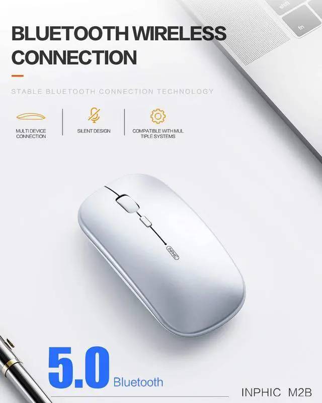 Alt view image 2 of 7 - Bluetooth Mouse, Slim Silent Rechargeable Bluetooth 5.0 Wireless Mouse, 800/1200/1600 DPI Portable Computer Cordless Mouse for Laptop PC Mac, iPad OS