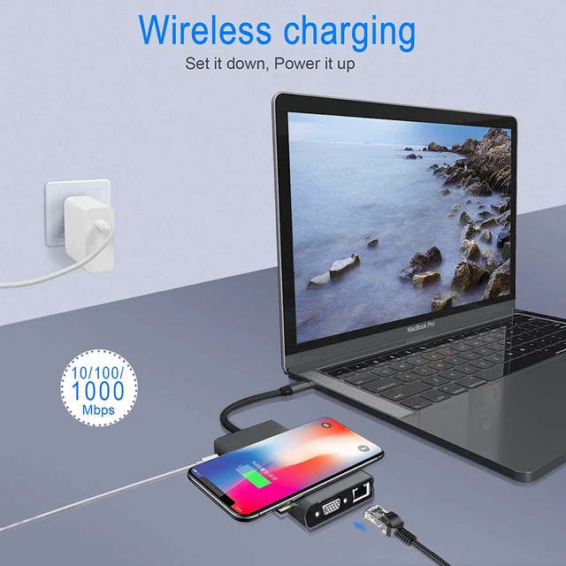 Alt view image 4 of 7 - USB C Hub,15 in 1 Type C Multiport Adapter with Wireless Charger 10W, 4K HDMI, VGA, Ethernet, 4 USB 3.0, 3 USB 2.0, PD3.0, SD/TF Card Reader, 3.5mm Aux Compatible for iPad Pro/MacBook/Type C Devices
