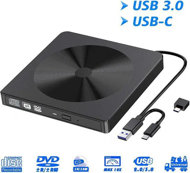 Main image of External CD DVD Drive, Portable High-Speed USB-C & USB 3.0 CD Burner/DVD Reader Writer for Windows Linux Mac Laptop Desktop, MacBook Pro/Air, iMac (USB Type C & USB 3.0)