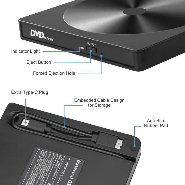 Alt view image 4 of 14 - External CD DVD Drive, Portable High-Speed USB-C & USB 3.0 CD Burner/DVD Reader Writer for Windows Linux Mac Laptop Desktop, MacBook Pro/Air, iMac (USB Type C & USB 3.0)