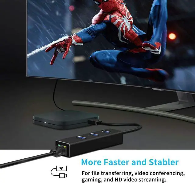 Alt view image 4 of 7 - USB 3.0 Hub to 3x USB3.0 1x RJ45 Ethernet Adapter, with RJ45 10/100/1000 Gigabit Ethernet LAN Network to USB Adapter for Windows PC, Linux, MacBook, Ultrabook, Notebooks, Tablets, Aluminum (Black)