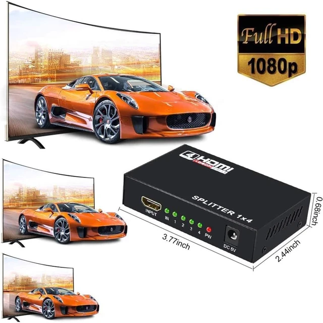 Alt view image 2 of 7 - HDMI Splitter 1 in 4 Out, 1x4 HDMI Splitter Audio Video Distributor Box Supports Full HD 1080P 4K/2K and 3D Resolutions Duplicate/Mirror Screen