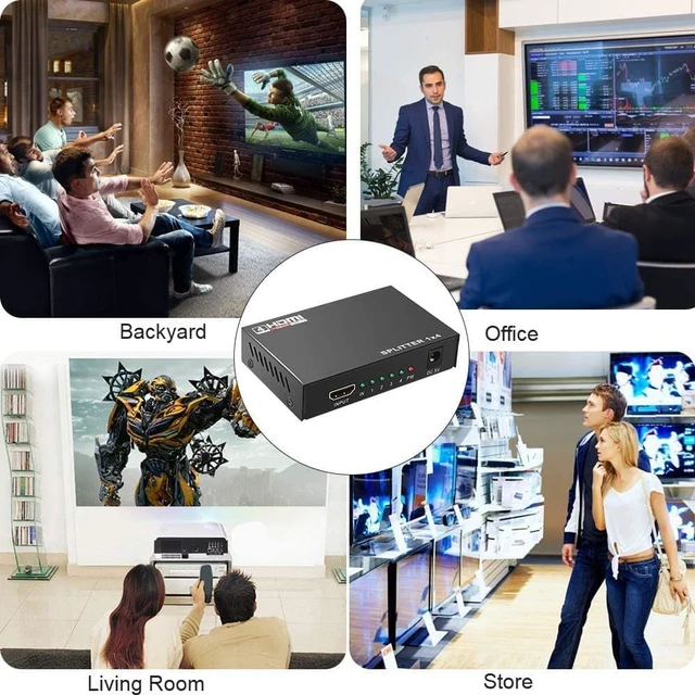 Alt view image 7 of 7 - HDMI Splitter 1 in 4 Out, 1x4 HDMI Splitter Audio Video Distributor Box Supports Full HD 1080P 4K/2K and 3D Resolutions Duplicate/Mirror Screen